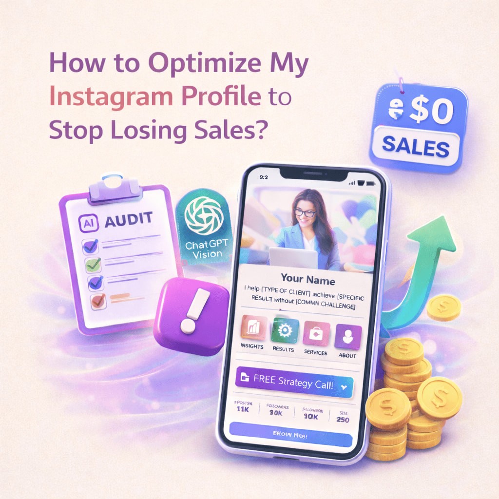 Illustration showing an optimized Instagram profile on a smartphone with a clear bio, call-to-action button, AI audit visuals, and growth indicators, representing how profile optimization helps prevent lost sales.