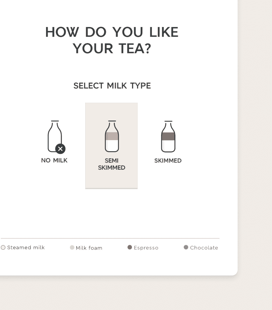 A screen from the M&S coffee machine UI, showing a user selection step for milk preference. The interface presents simple, illustrated options for "No Milk," "Semi Skimmed," and "Skimmed," demonstrating a clear and intuitive user flow.