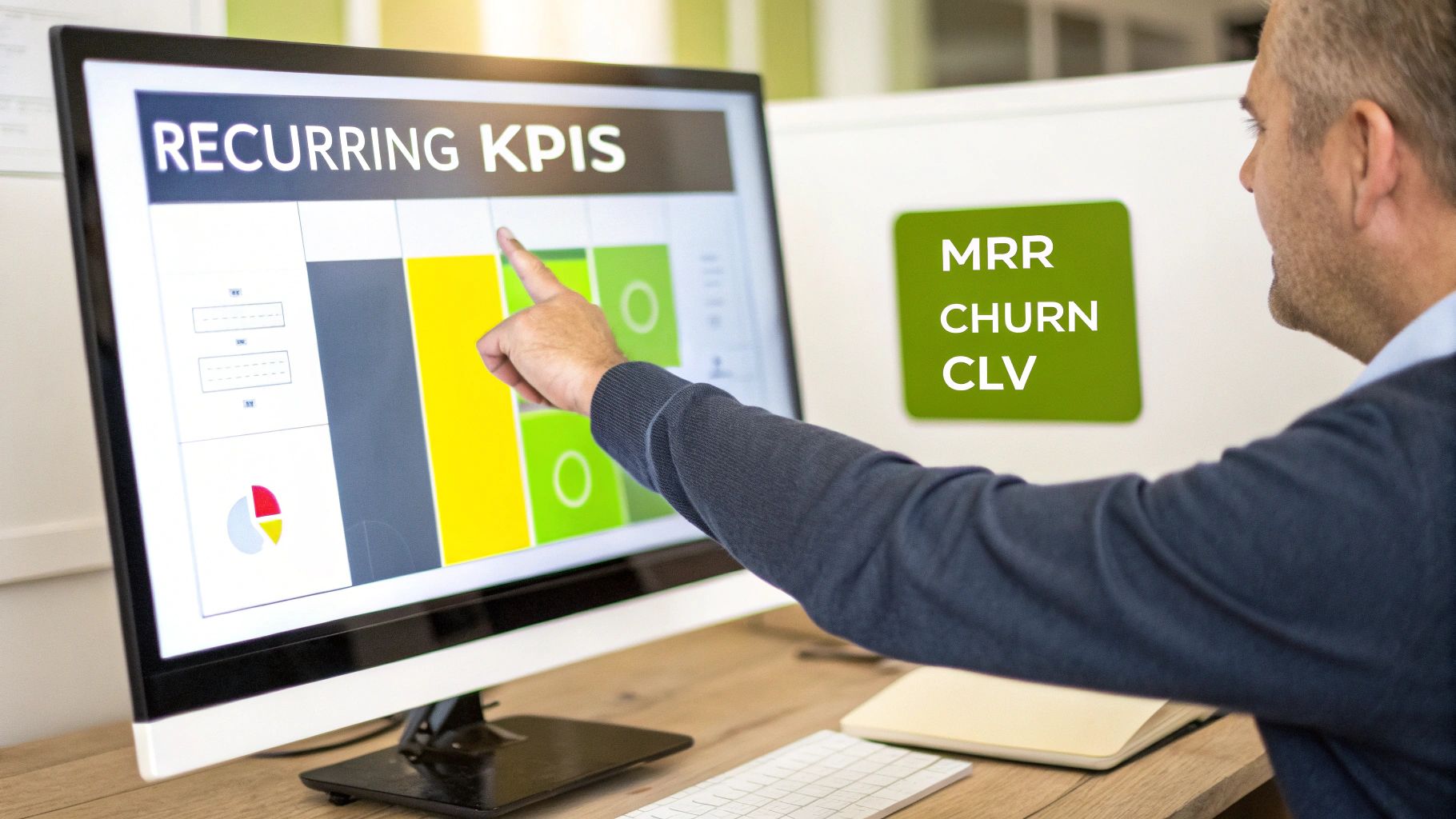 A person at a desk analyzing financial charts and KPIs on a large screen, projecting confidence and control.