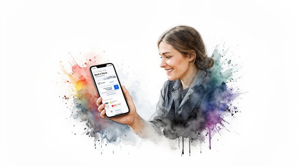 A smiling woman looks at her smartphone showing a 'Back In Stock' notification with watercolor effects.