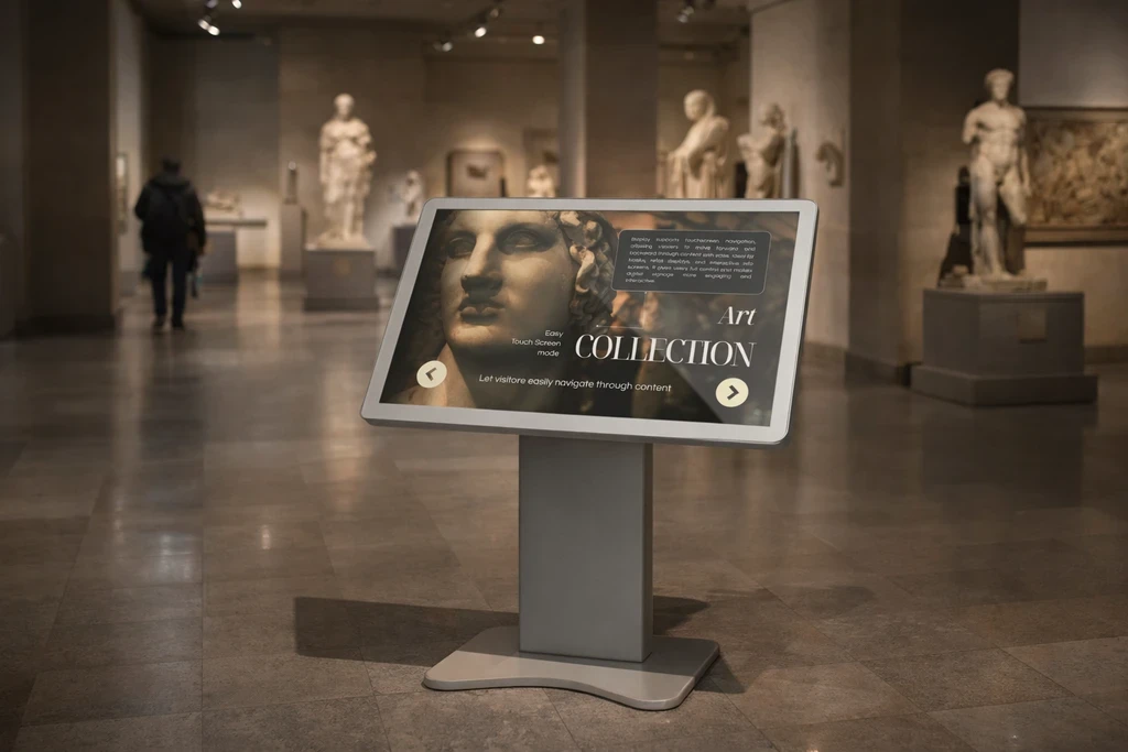 Interactive touch kiosk in a museum, helping visitors explore art collections, access information and navigate exhibits through an intuitive touchscreen.