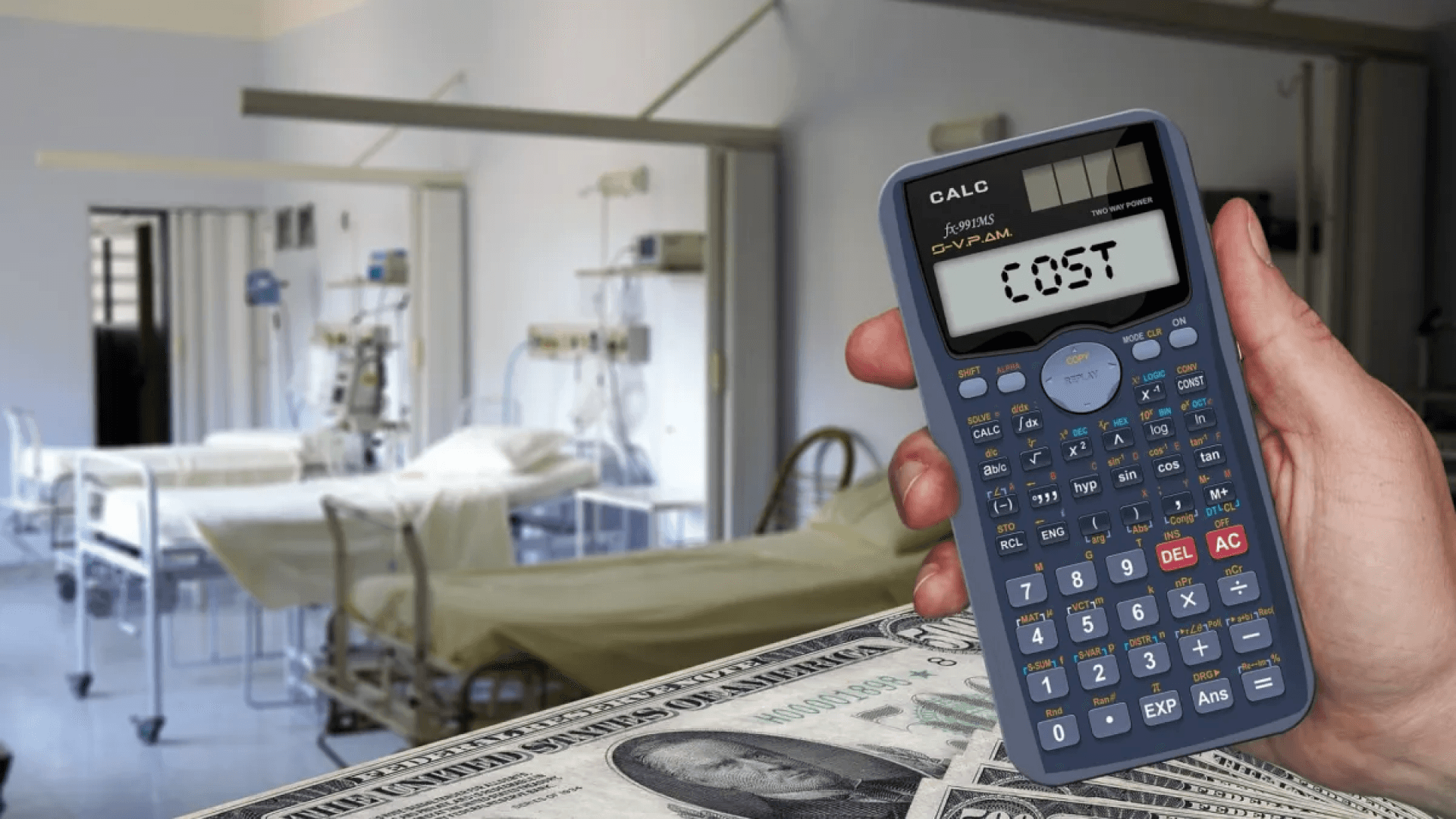 Calculator showing cost in a hospital setting, symbolizing the affordability of medical treatments.