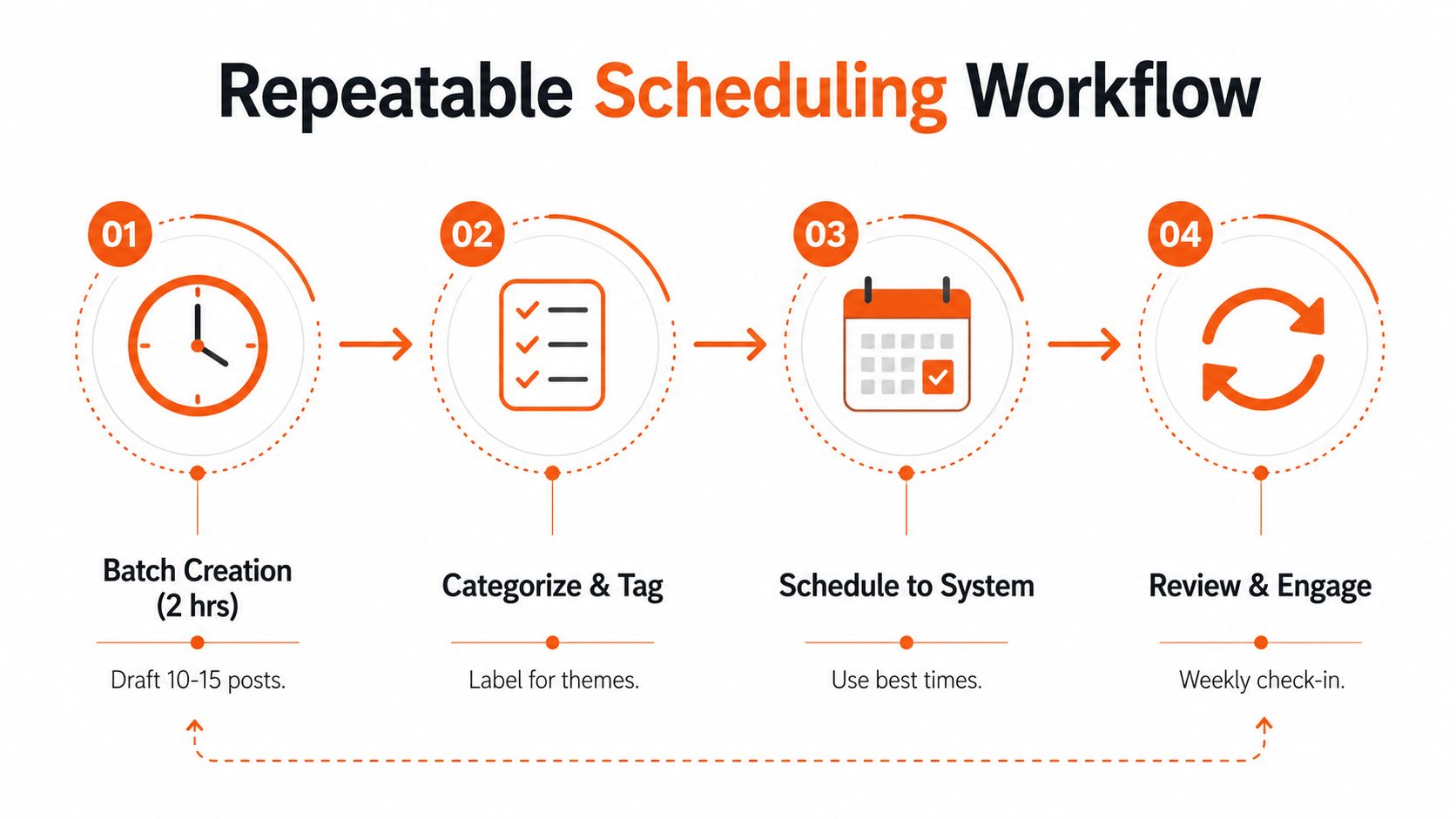 An infographic showing a four-step repeatable scheduling workflow for social media content creation and management.