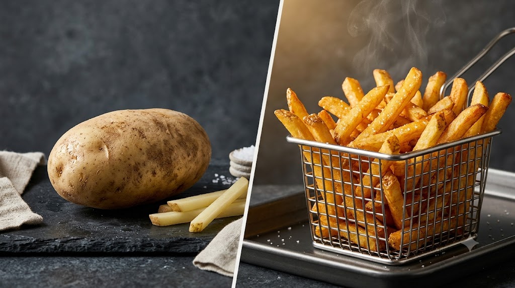 A dramatic split-screen editorial photograph showing a whole raw potato and cut batons transforming into a basket of hot, golden, steaming French fries.