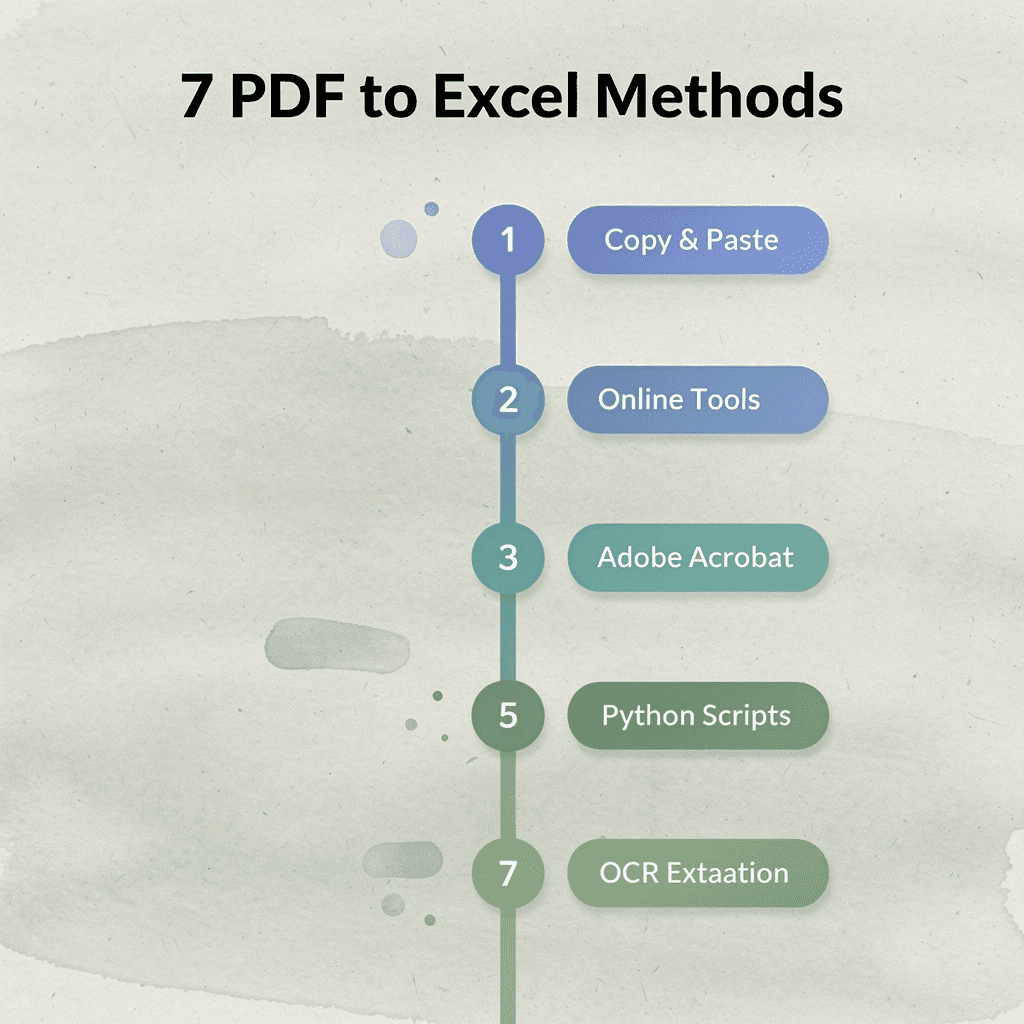 Numbered steps infographic listing 7 PDF to Excel extraction methods