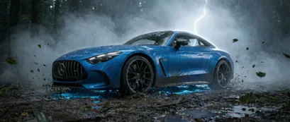 Cinematic 3D animation of a sports car in a dramatic storm scene