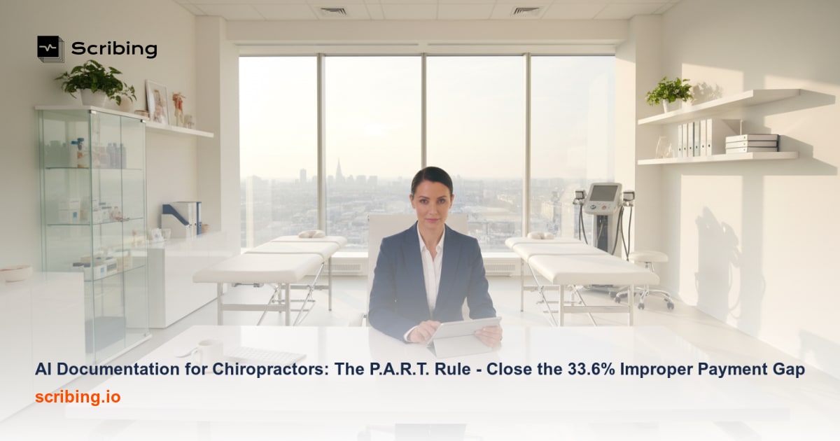 AI-powered chiropractic documentation concept showing a digital spine analysis in a modern clinical setting, representing P.A.R.T. Rule compliance for Medicare documentation