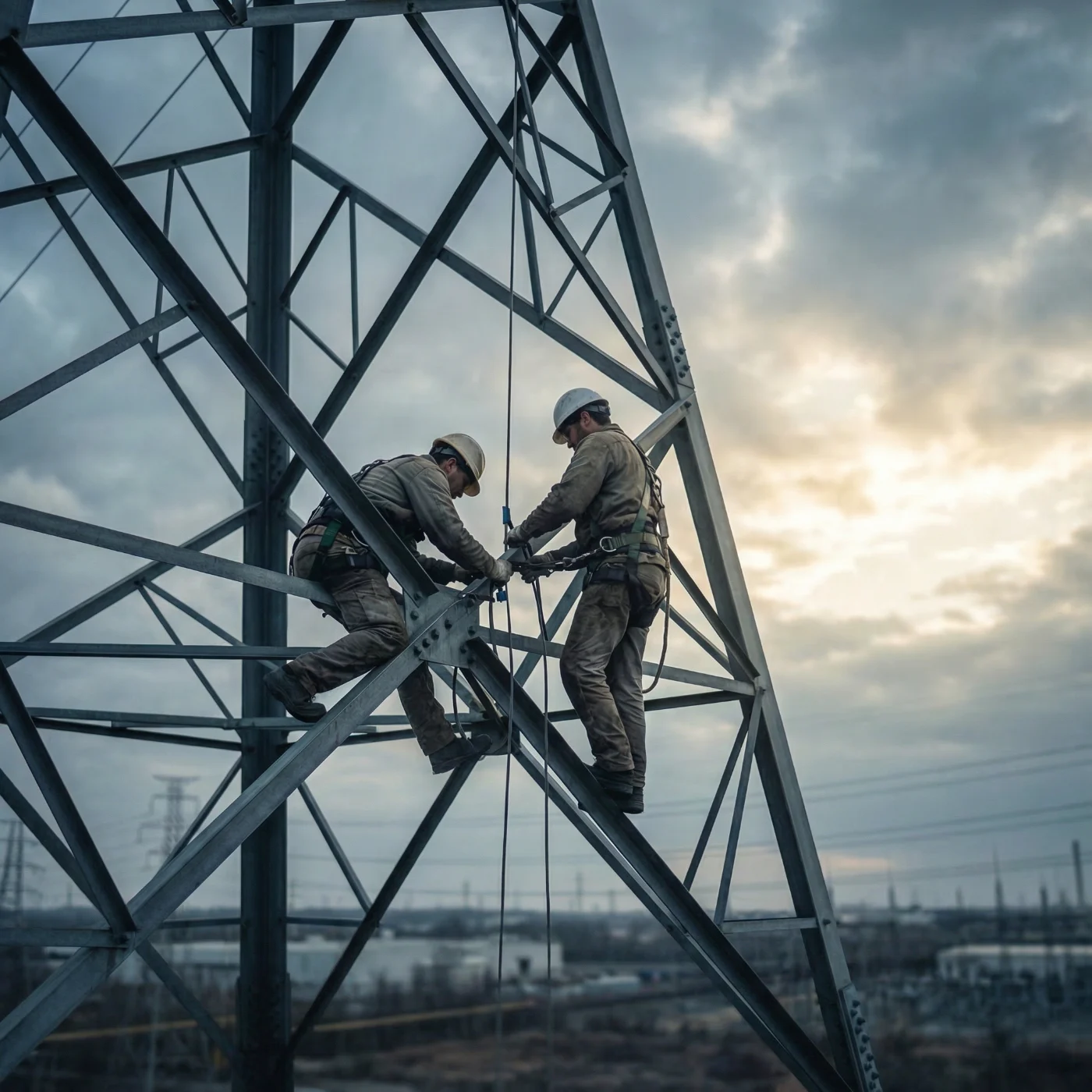 AI photography electricians working high on electricity transmission tower, wide landscape view, dramatic sky, cinematic industrial imagery