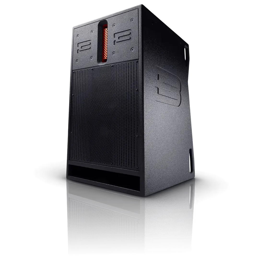 Black subwoofer with perforated grill and orange vent
