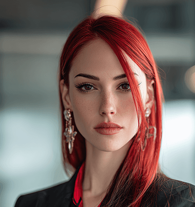 A woman with vibrant red hair and earrings gazes confidently at the camera. She is wearing a black top, set against a blurred neutral background.