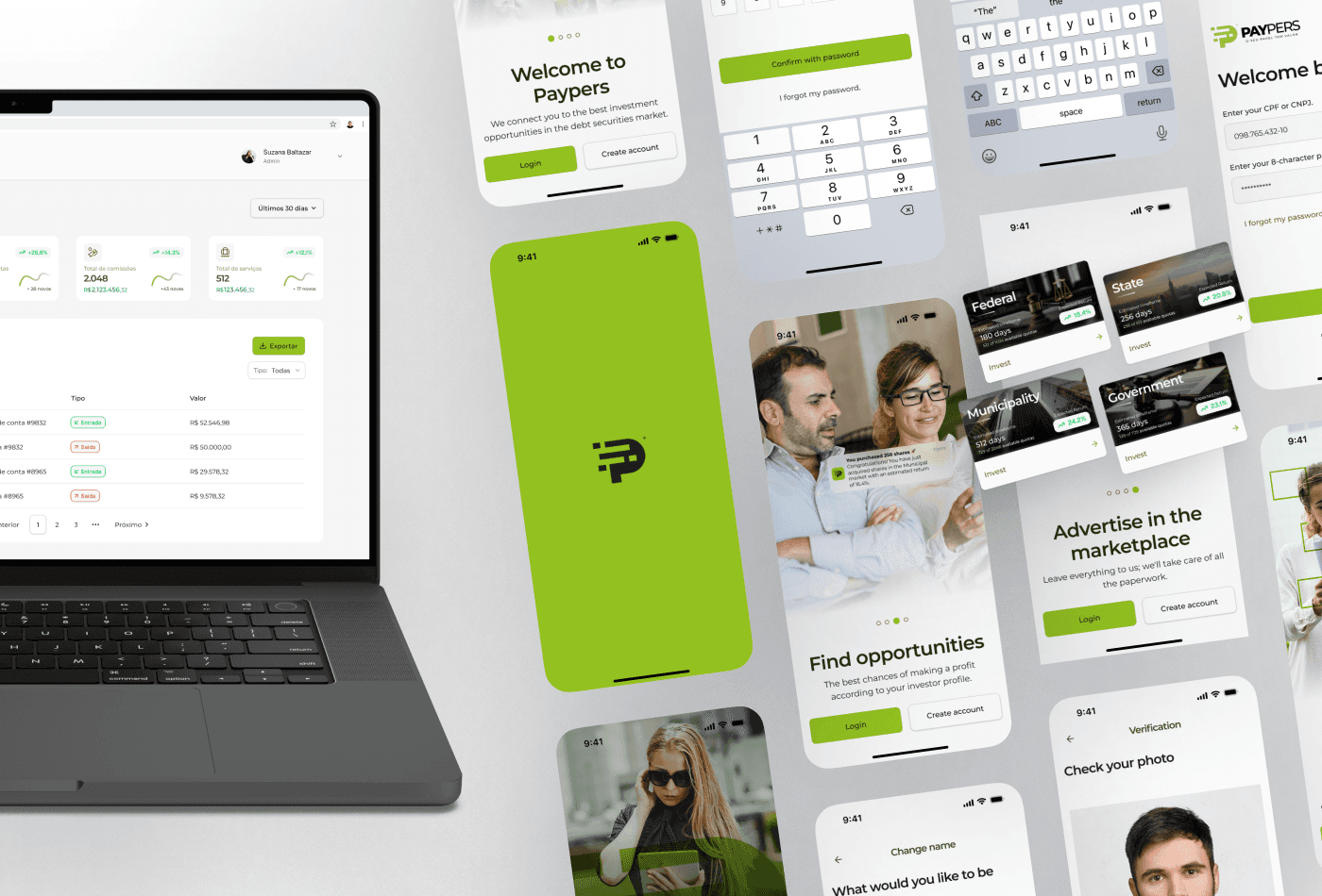 The image illustrates the application of UX/UI design to the product (application screens and dashboard applied to a Macbook mockup) developed for the project.