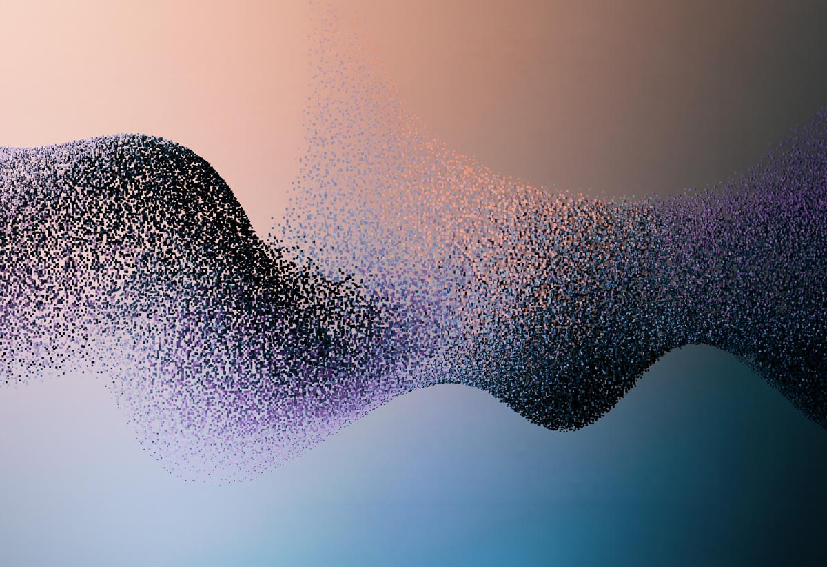 An AI generated image depicting the migration of data as a swarm of data pixel particles