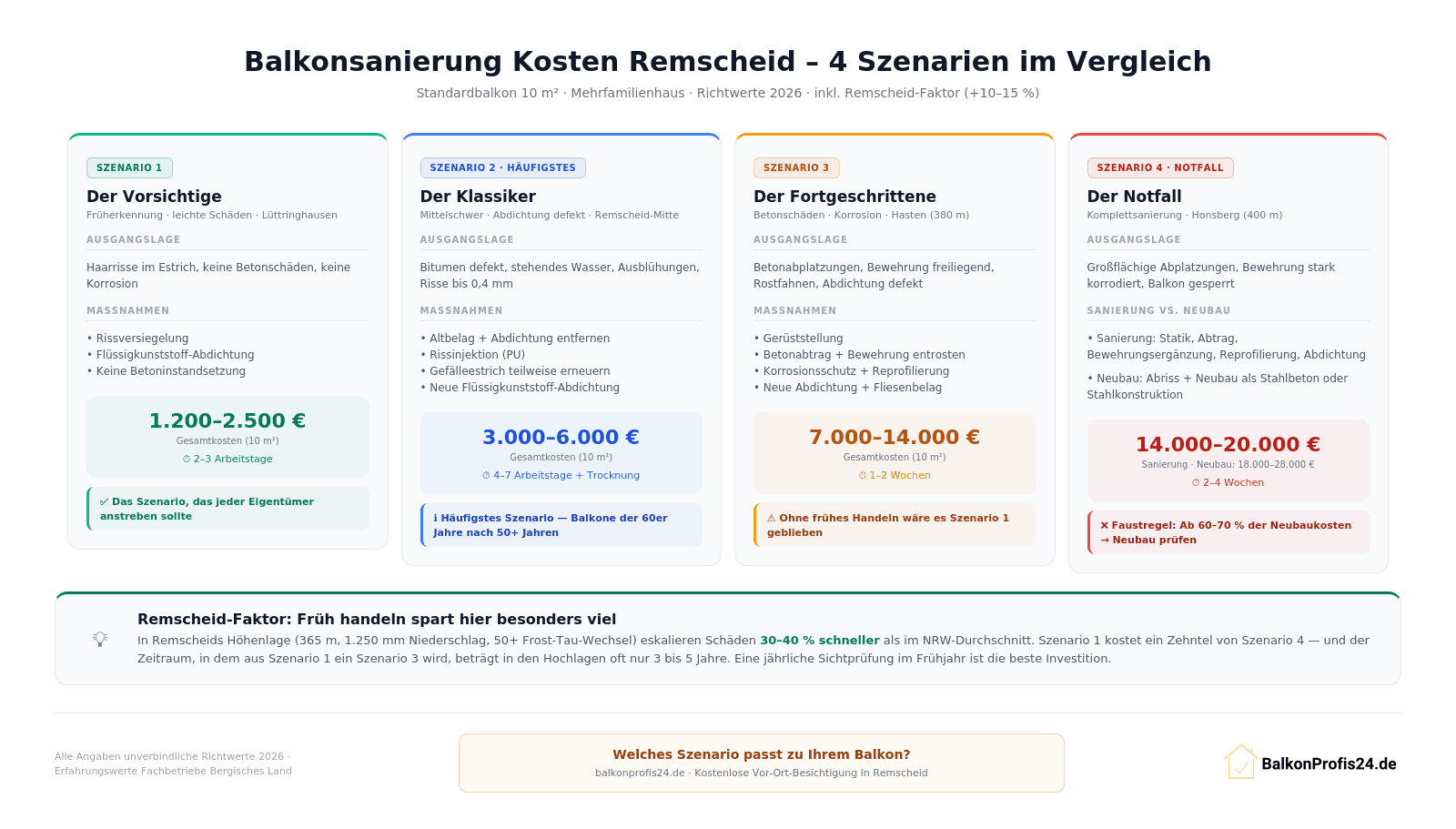 Infografik: 4 Kostenszenarien der Balkonsanierung in Remscheid – vom Vorsichtigen (1.200–2.500 €) bis zum Notfall (14.000–20.000 €), mit Maßnahmen, Zeitaufwand und Remscheid-Faktor