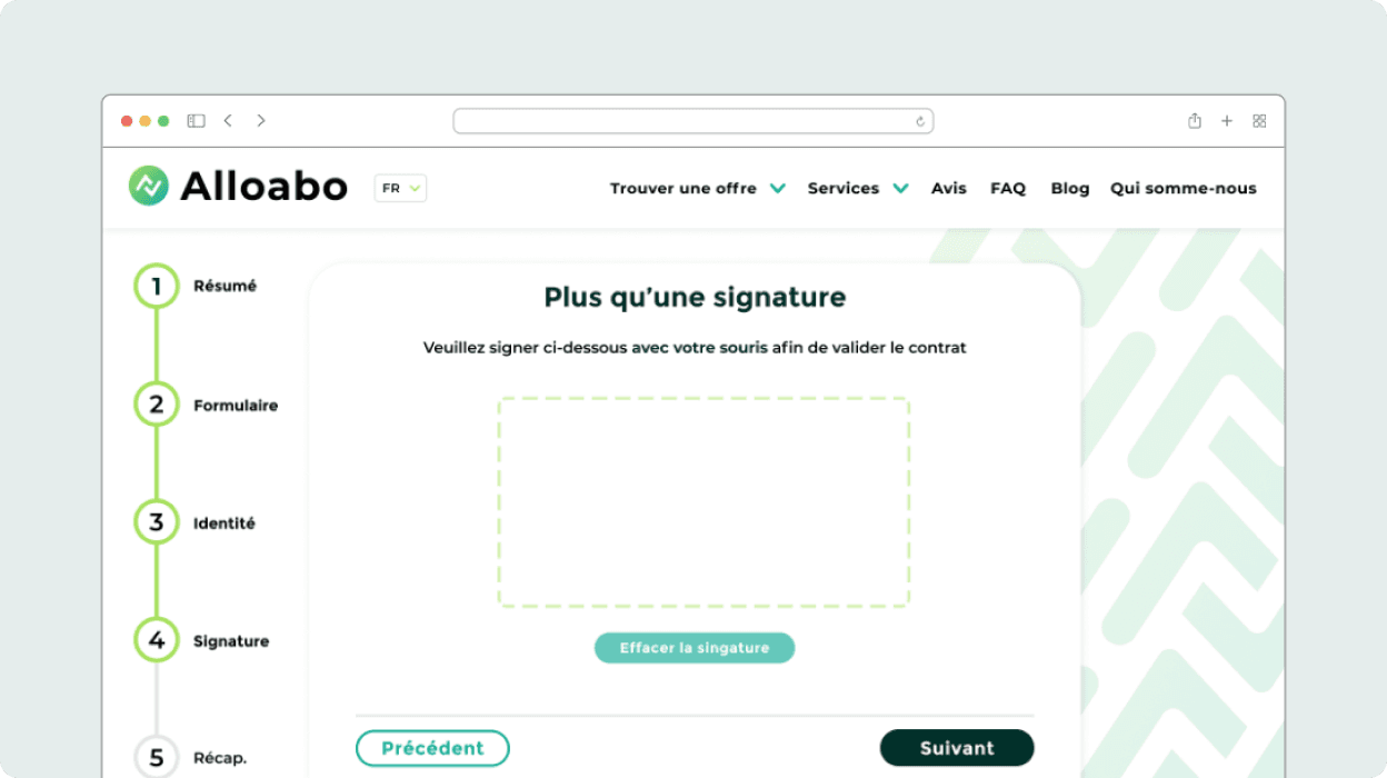 Capture d'écran de la quatrième étape du formulaire d'achat d'un abonnement mobile demandant d'effectuer une signature digitale pour valider le contrat