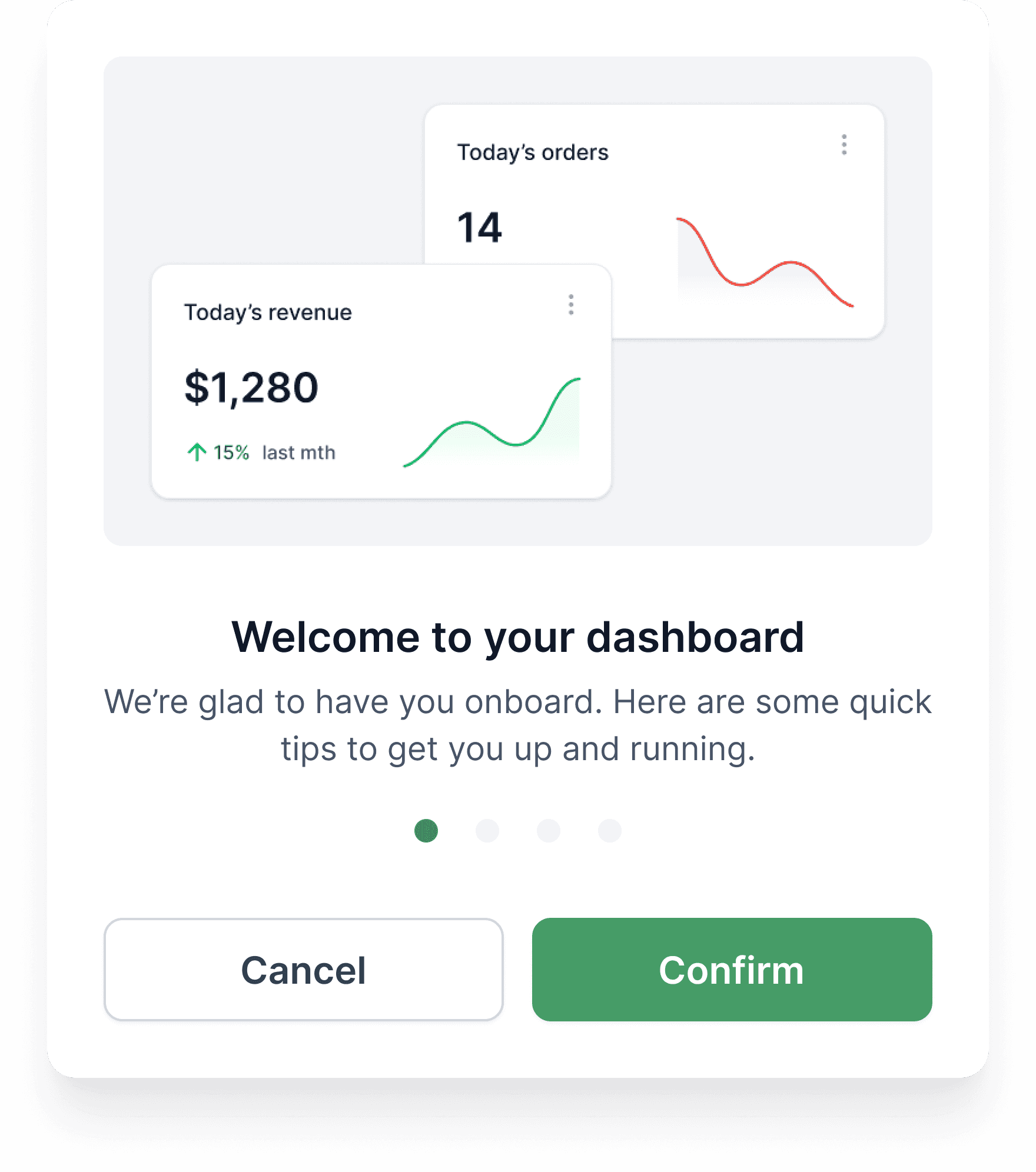 A "Welcome to your dashboard" modal interface