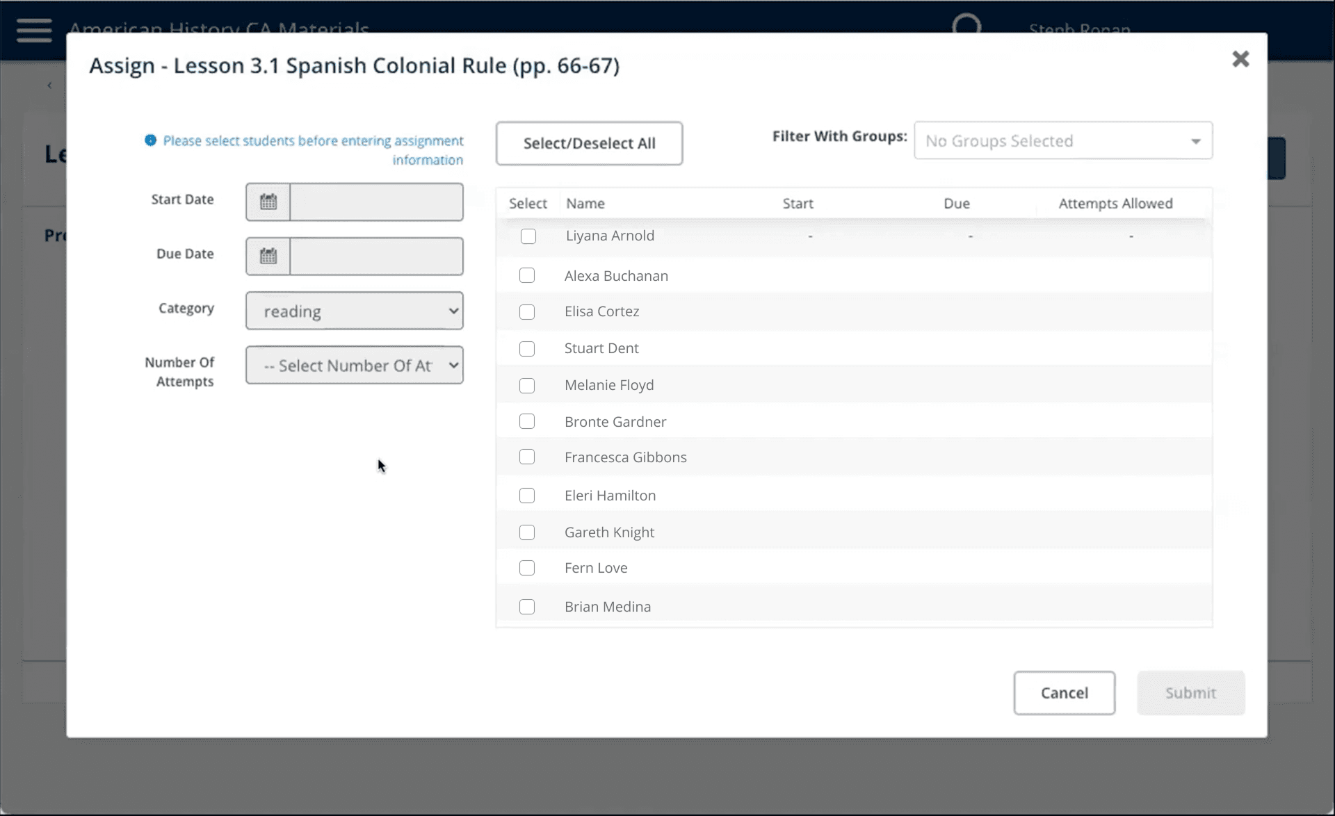 The original assignment workflow that has details on the left and student selection on the right