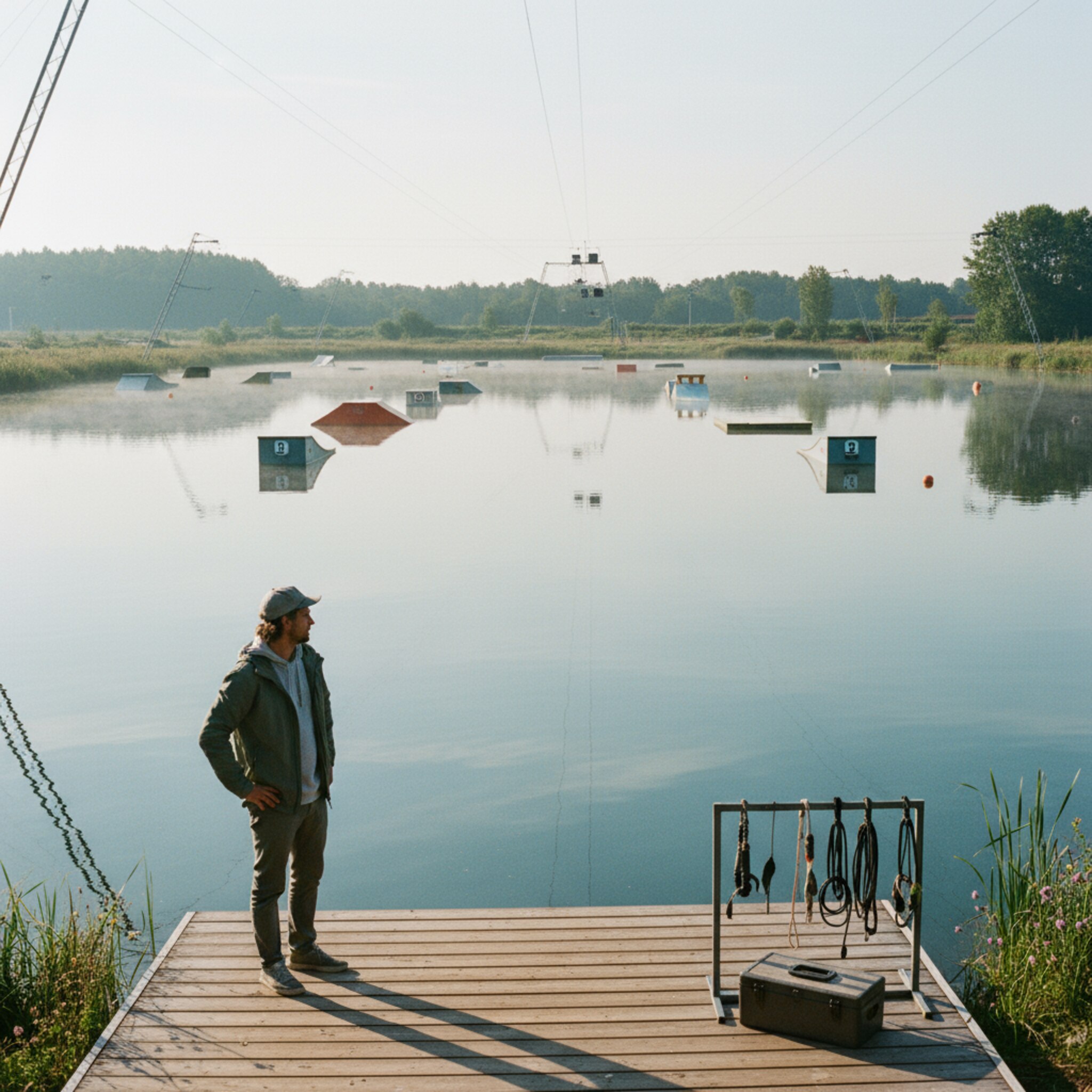 Frühe Stunde am See, Spuren früher Runden zeichnen schmale Linien in die glatte Fläche. Ein Operator blickt über die Bahn, Bojen und Features sind ruhig angeordnet. Ein sanfter Morgennebel löst sich im Licht auf. Alles wirkt vorbereitet für einen strukturierten Session-Tag.