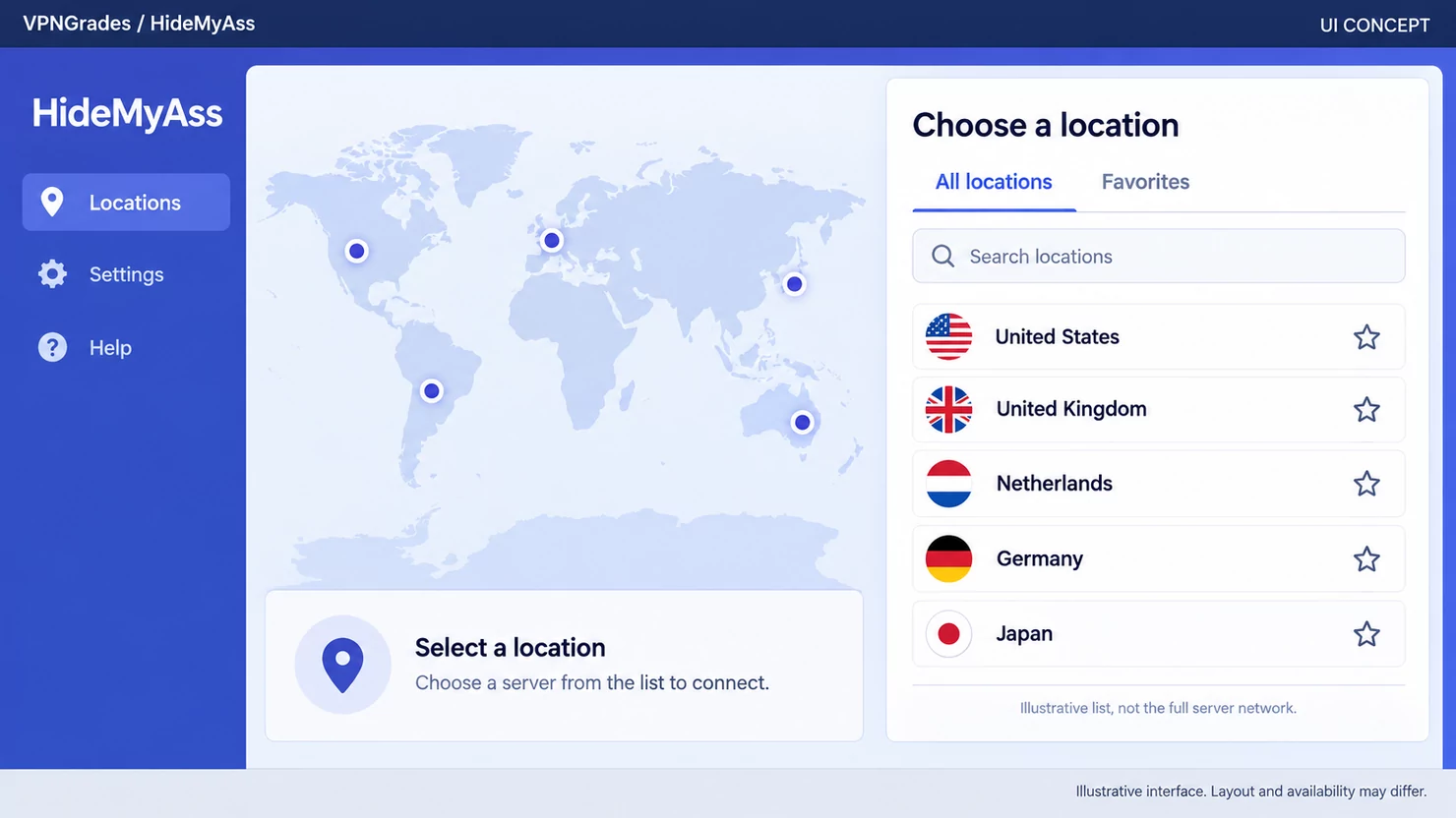 HideMyAss: a location picker concept (illustration).