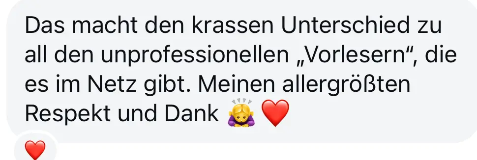 Screenshot vom Feedback zum Below the Line Add-On von Codes of Life® Professional: Das macht den krassen Unterschied zu all den unprofessionellen „Vorlesern", es im Netz gibt. Meinen allergrößten Respekt und Dank