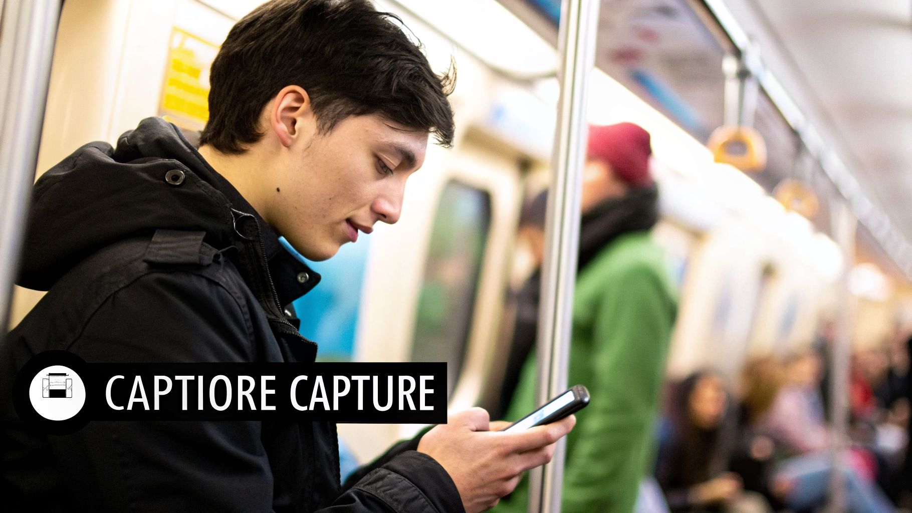 A young man in a black jacket uses his smartphone on a crowded subway train.
