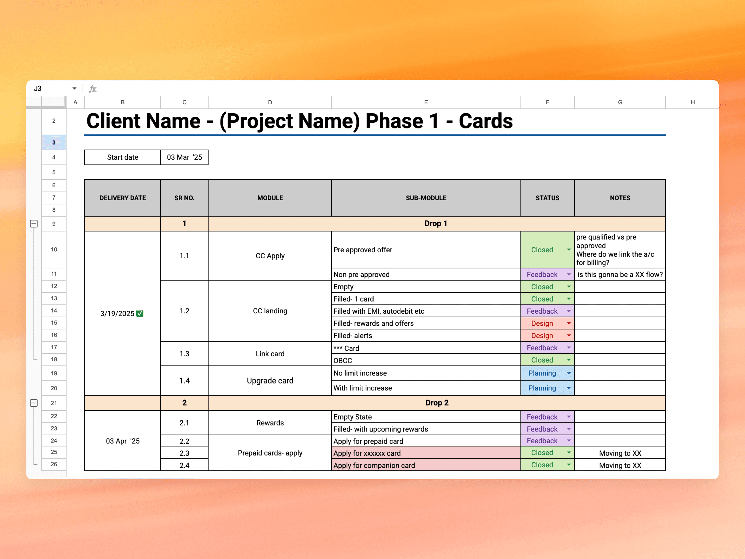 Documentation of the various requirements and inputs for a particular project