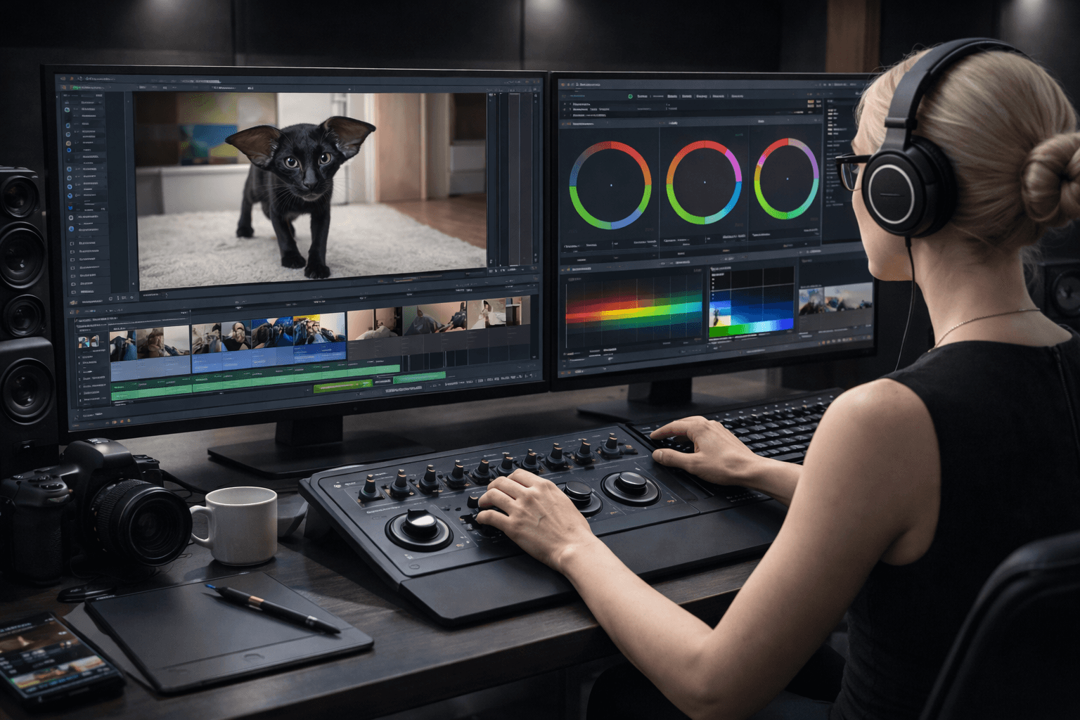 A person wearing headphones is focused on editing a video of a playful black kitten on a dual-monitor setup, surrounded by professional editing equipment and color grading tools.