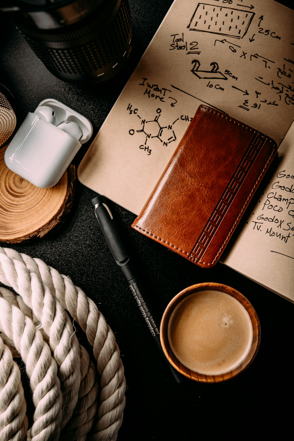Cuaderno, boligrafo y taza de café sobre una mesa
