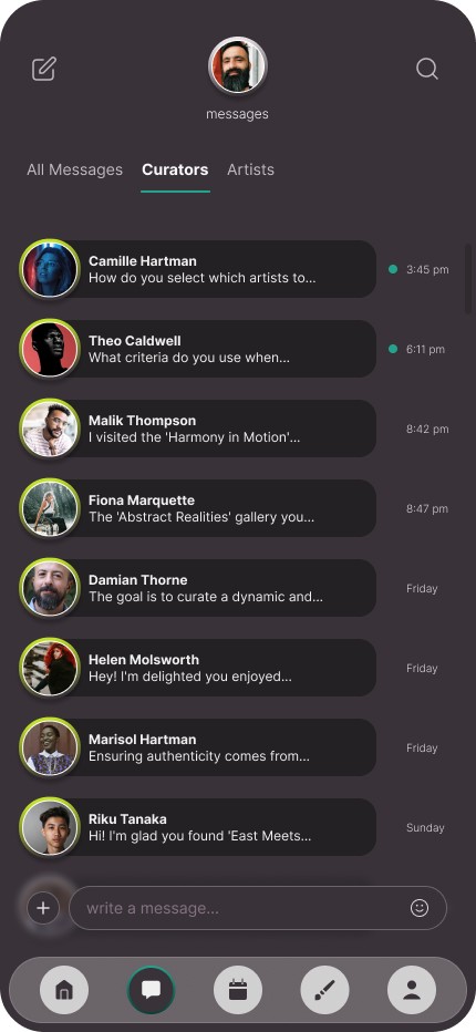 A screenshot of the app's message list showcasing the curators the user is actively conversing with.