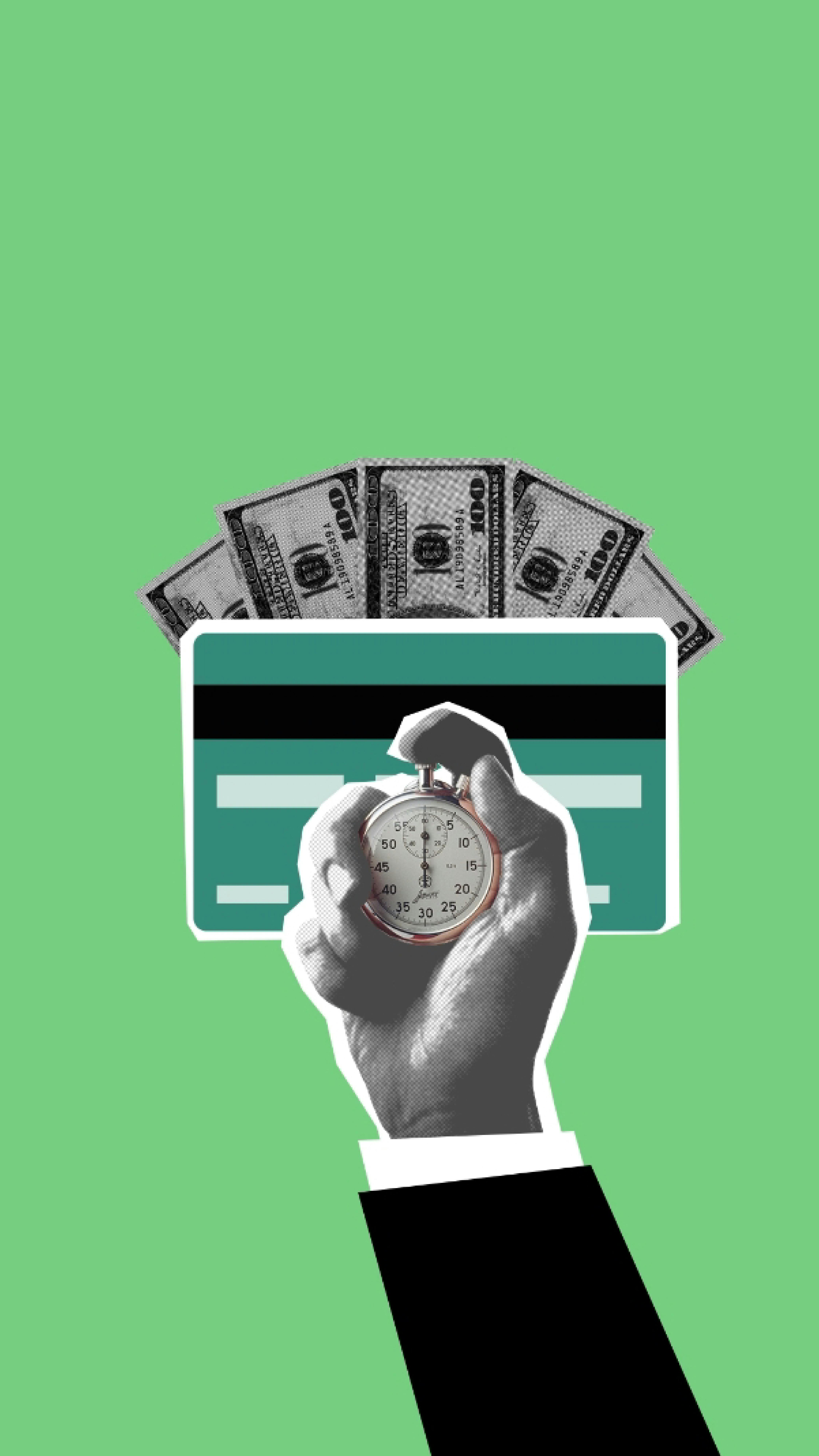 A hand holding a stopwatch is positioned in front of a credit card with several hundred-dollar bills emerging from it, set against a solid green background.