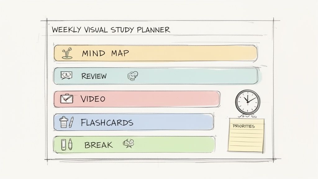 A visual study planner outlining methods like mind mapping, review, video, flashcards, and breaks, with a clock and priorities note.