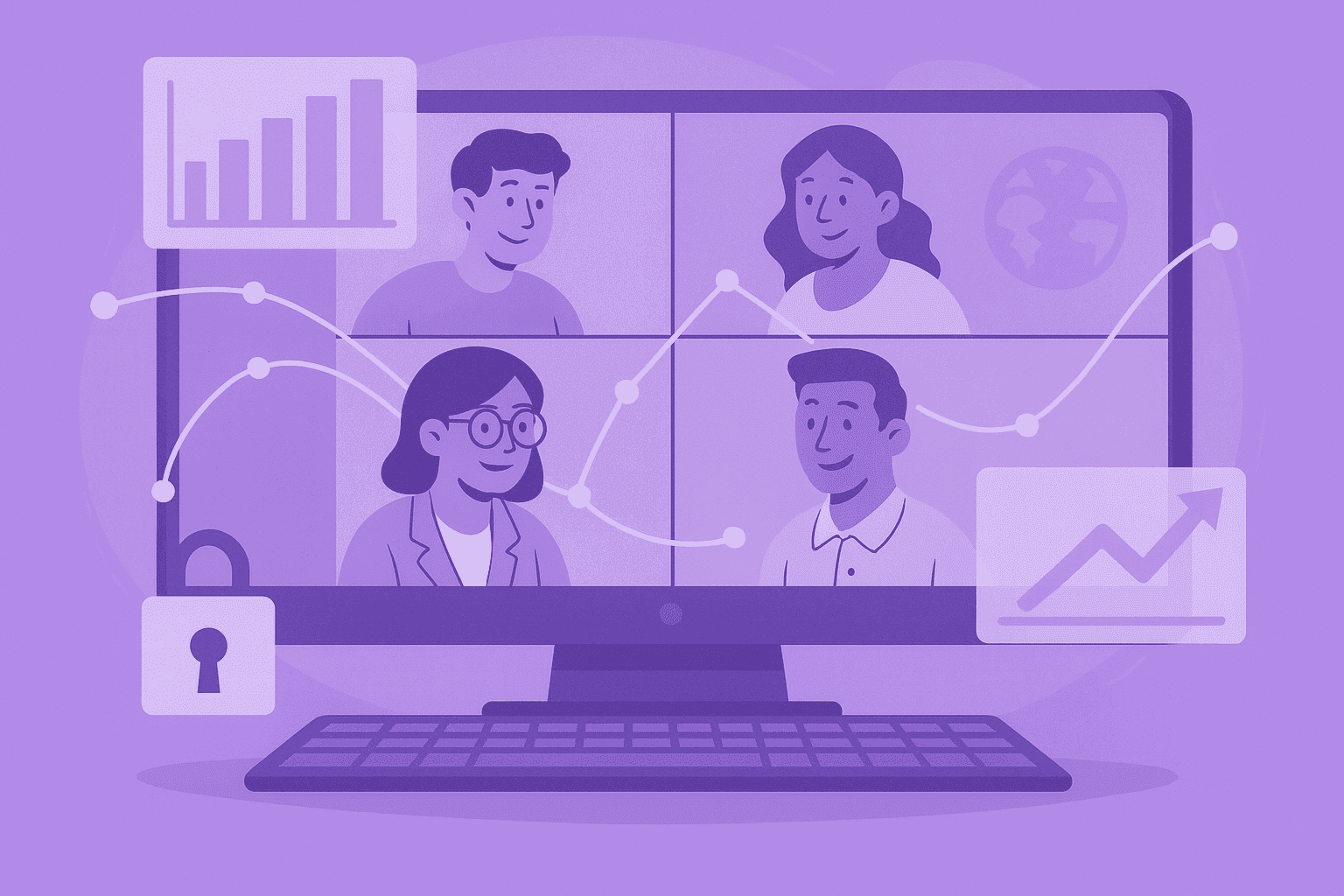 Flat-style digital illustration of a global remote team in a video conference, with performance dashboards and connection lines showing collaboration and high-performance tracking.