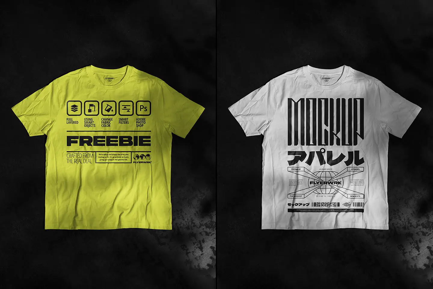 Flat lay view of the Wrinkled T-Shirt Mockup in white and yellow with realistic fabric folds