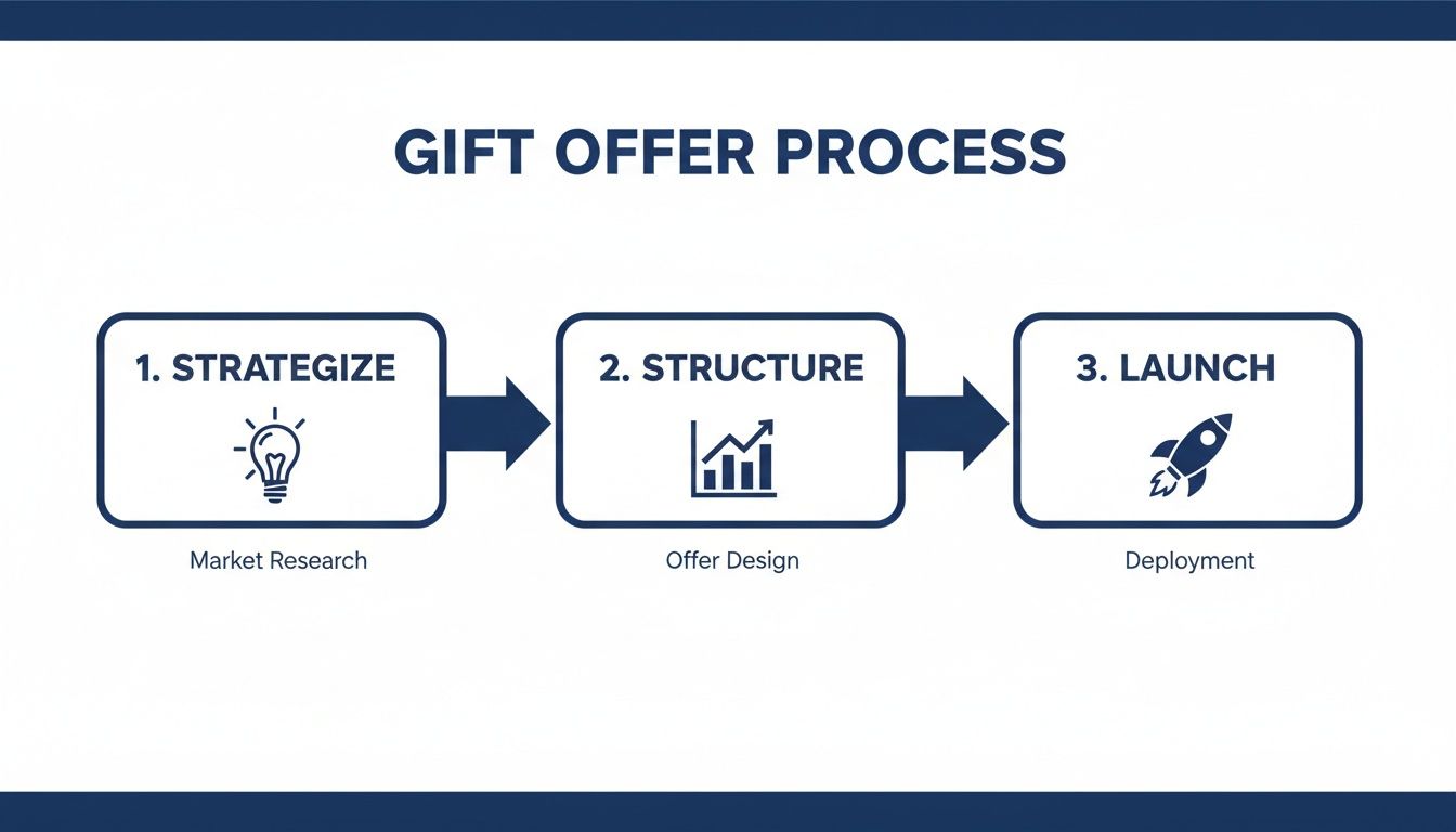 Flowchart illustrating the three-step gift offer process: strategize, structure, and launch with icons.