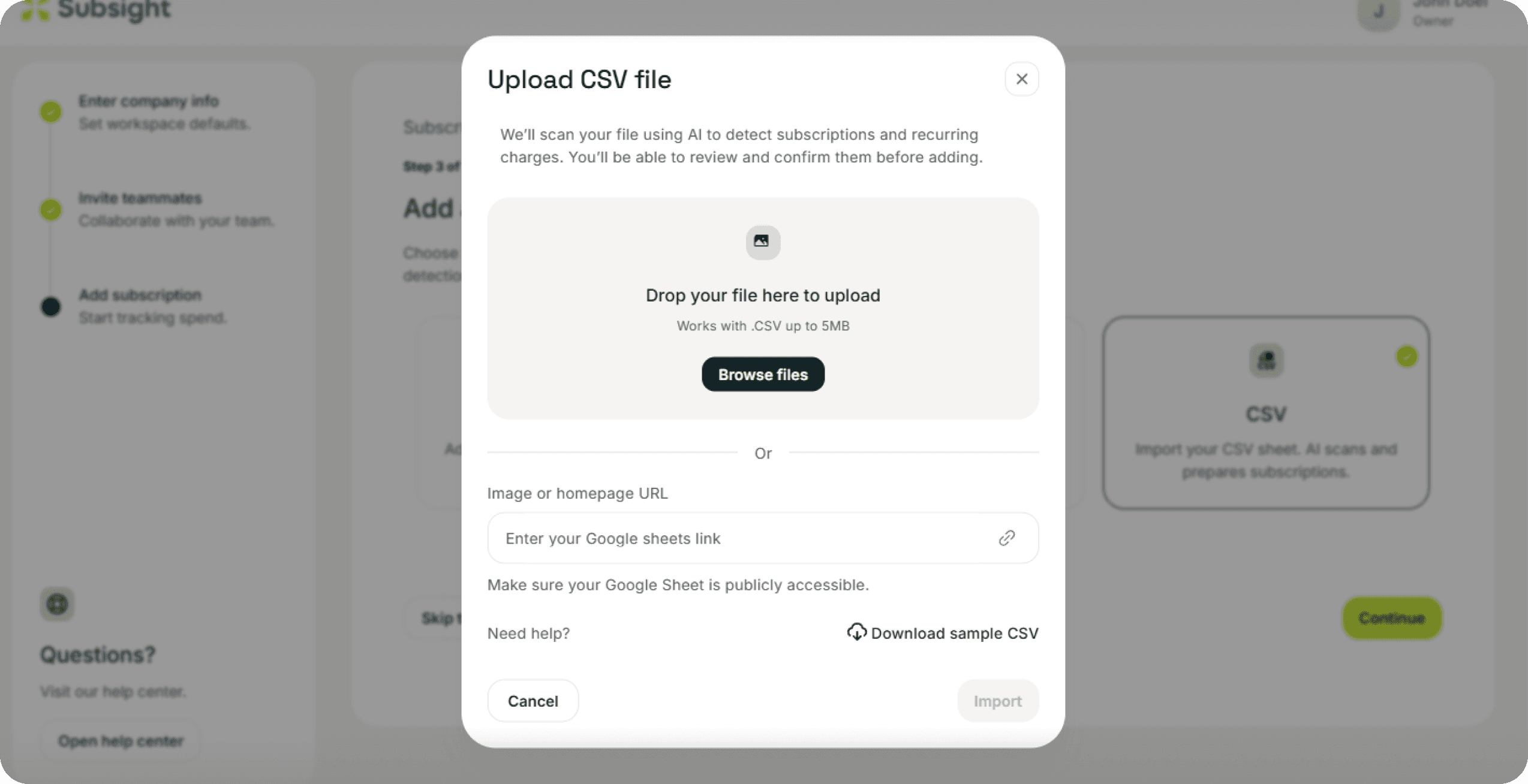 Subsight CSV import modal showing file upload, Google Sheets link input, and sample CSV download option.