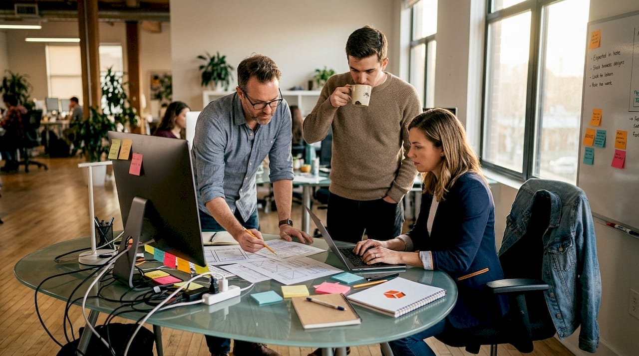 Agency team discussing project at desk