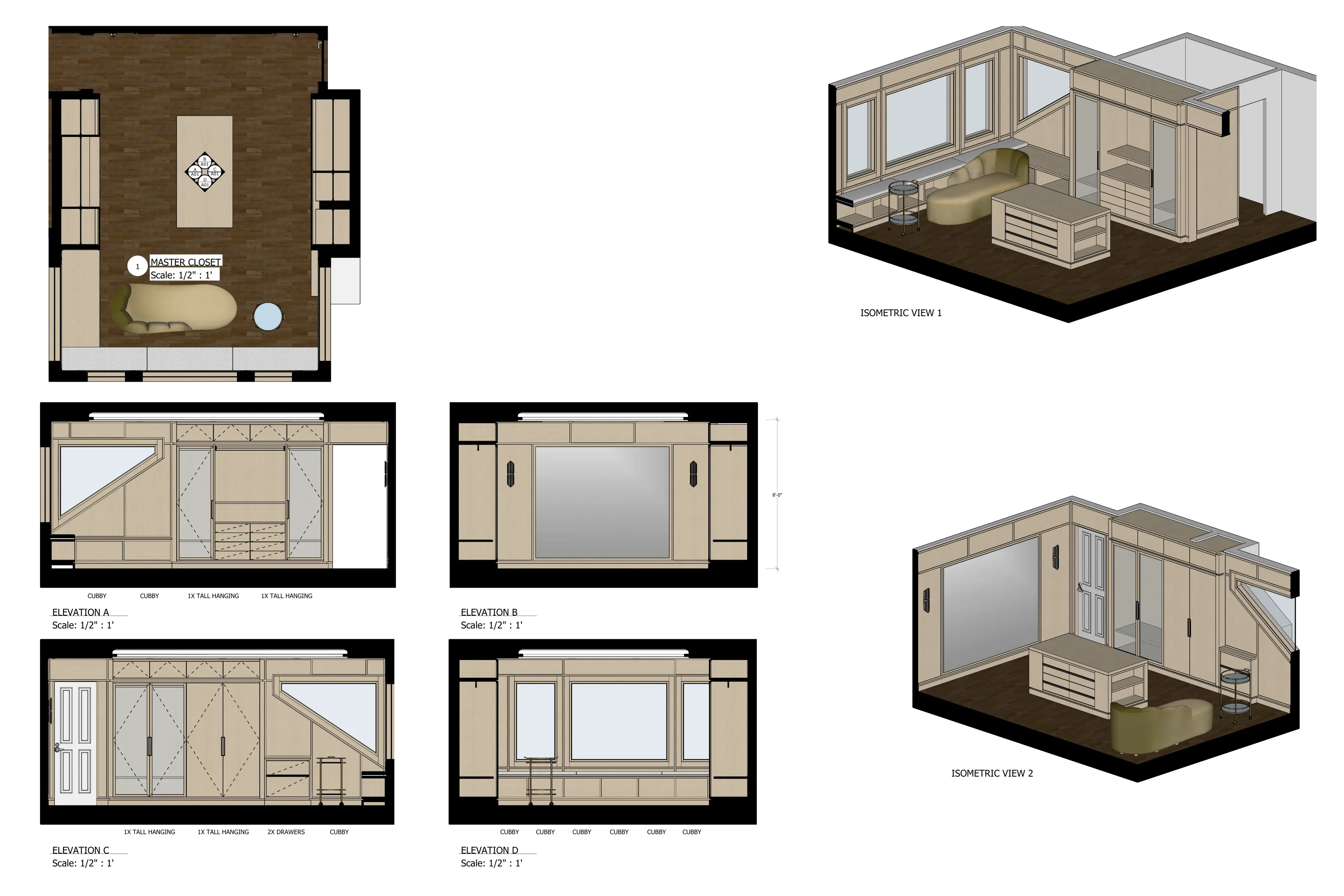 Master closet rendered floor plan and elevations