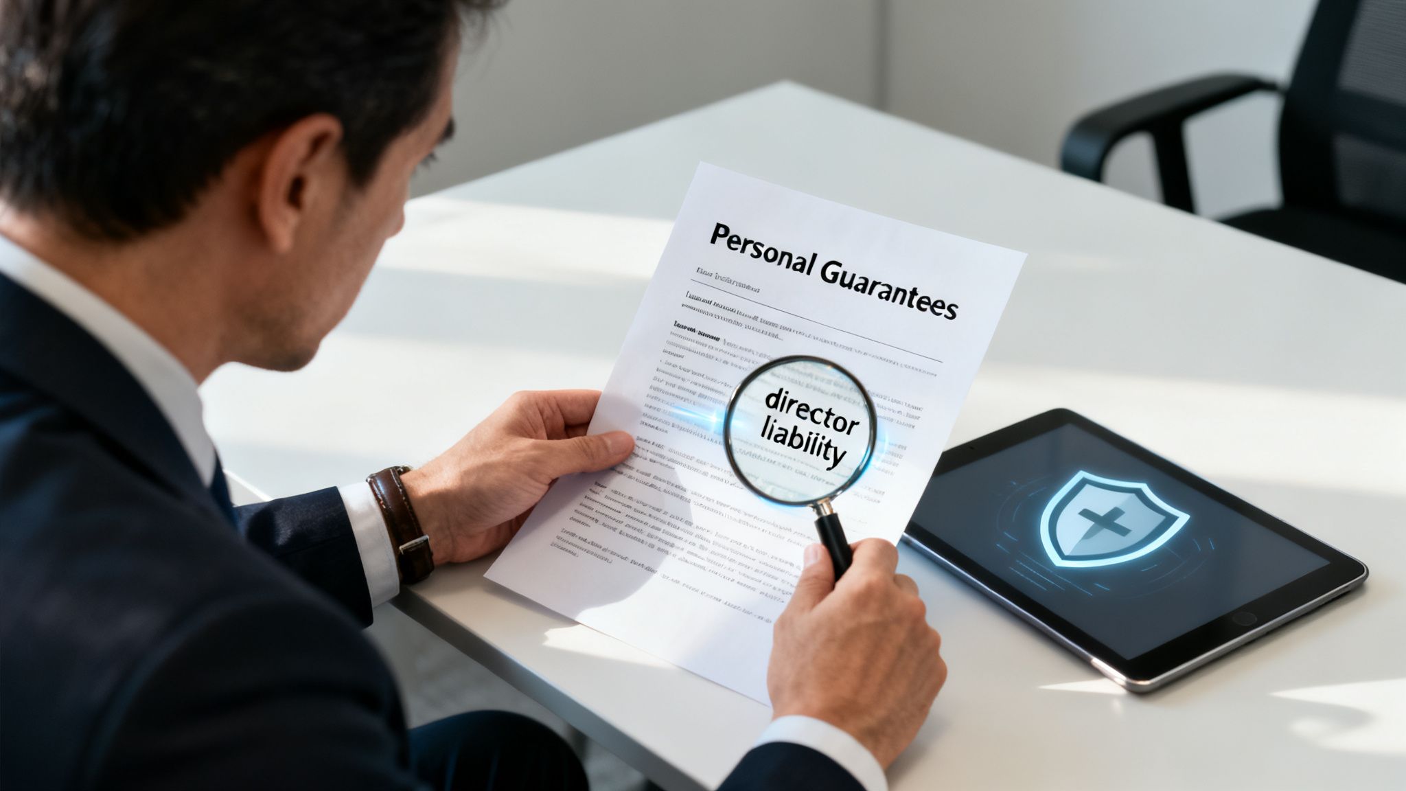 A businessman reviews a "Personal Guarantees" document with a magnifying glass highlighting "director liability". A tablet with a shield icon is nearby.