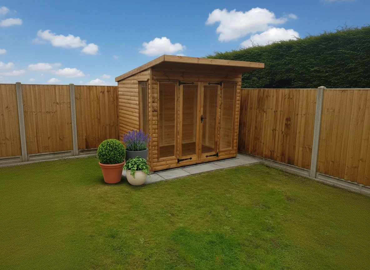 Pent-roof timber summerhouse with double doors in a fenced garden
