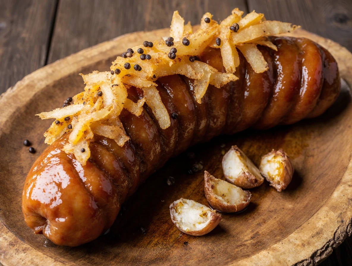 Grillowana gruba kiełbasa na drewnianym talerzu.