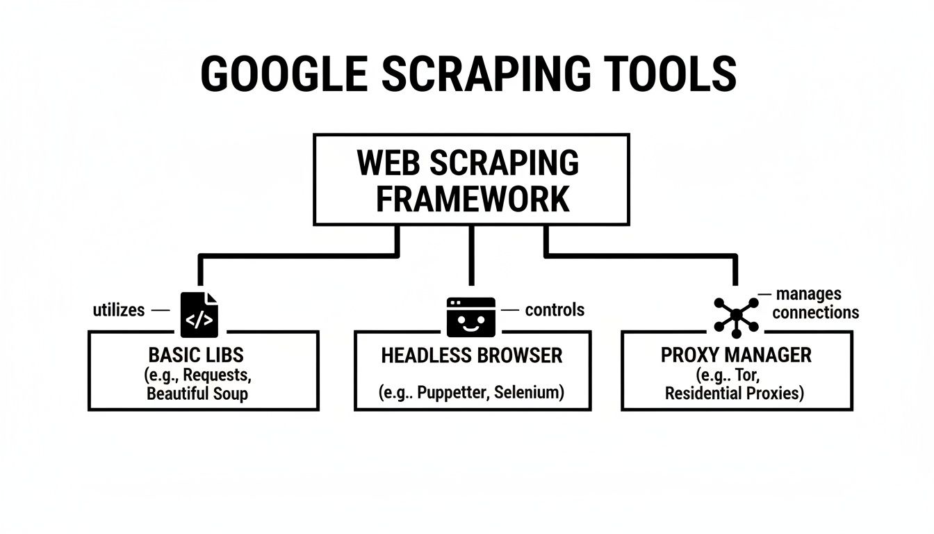 Diagram illustrating Google web scraping tools: framework, basic libs, headless browser, and proxy manager.