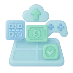3D icon showing QR code, coin, and game controller symbolizing Qubi Step 2: upload or select digital rewards for campaigns