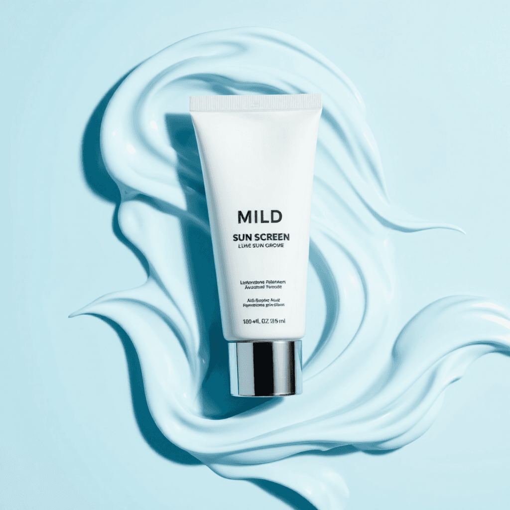 product photography of tube of mild sun screen