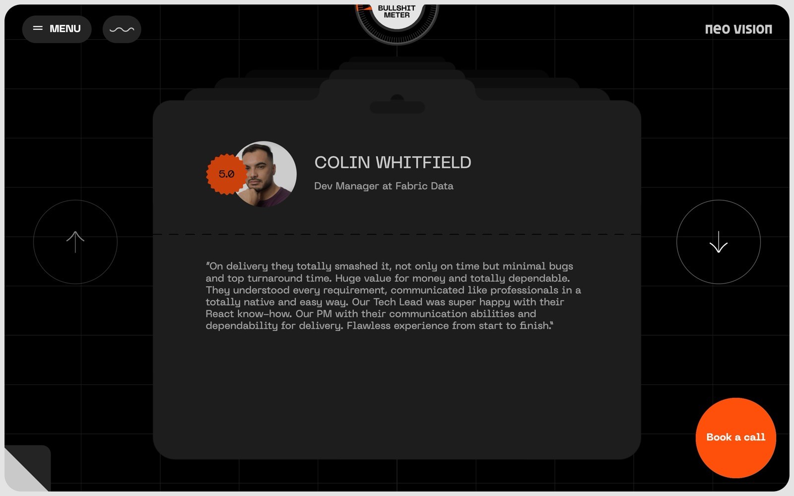 Dark testimonial card with profile of a person named Colin Whitfield, Dev Manager at Fabric Data. Quote praising dependable team delivery.