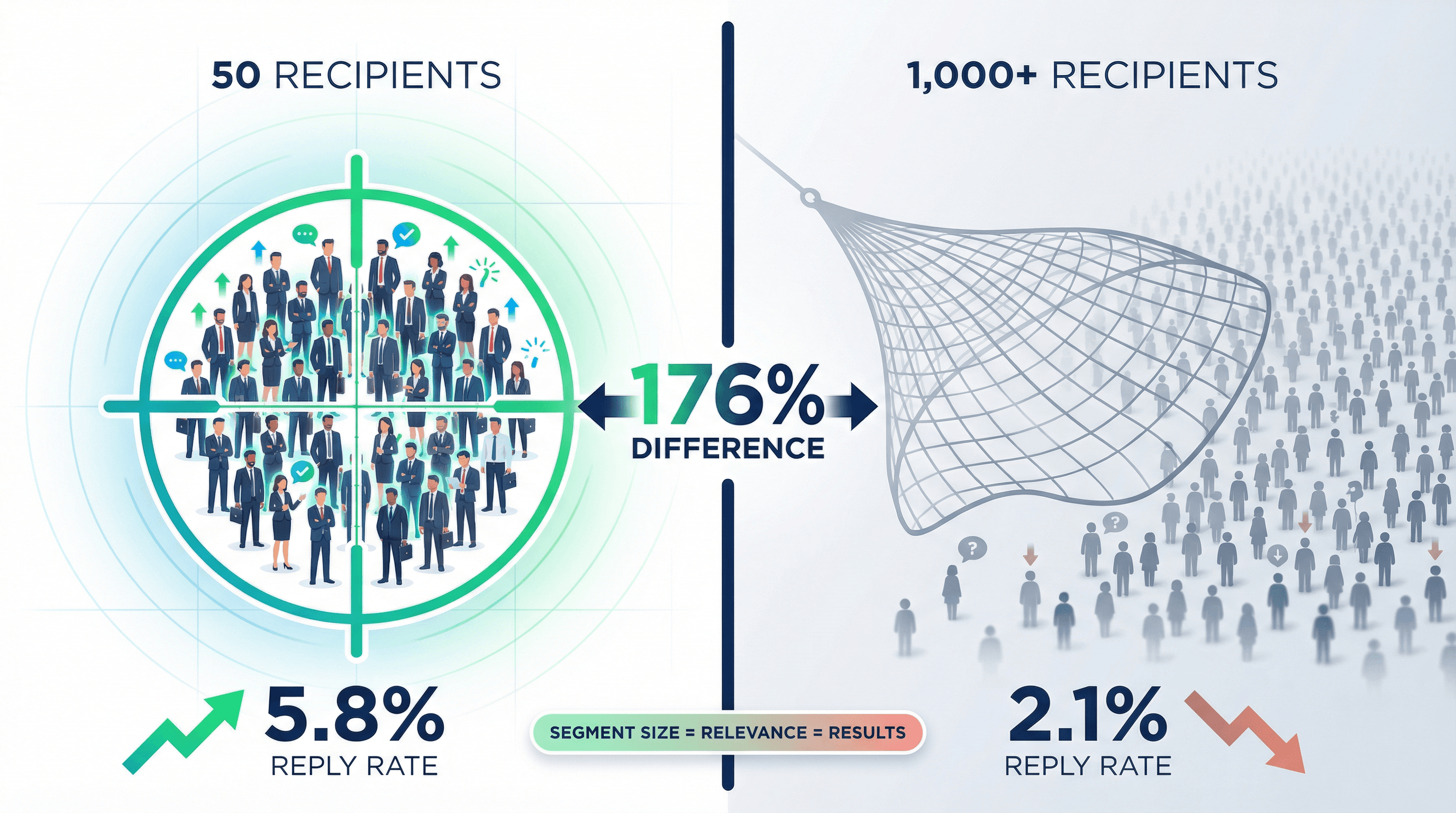 Comparison showing small targeted segments (5.8% reply rate) vs large campaigns (2.1% reply rate)