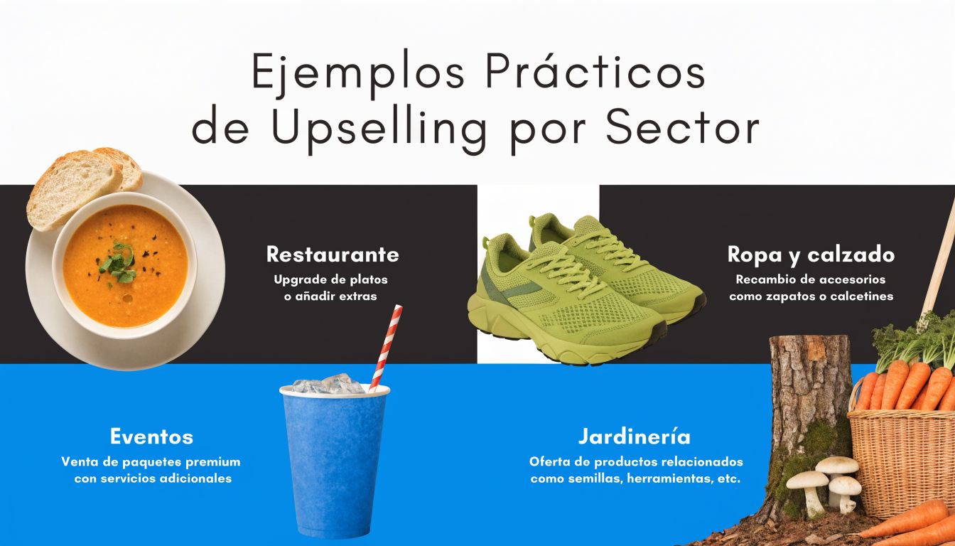 Gráfico que ilustra ejemplos prácticos de técnicas de upselling aplicadas en diferentes sectores comerciales y servicios.