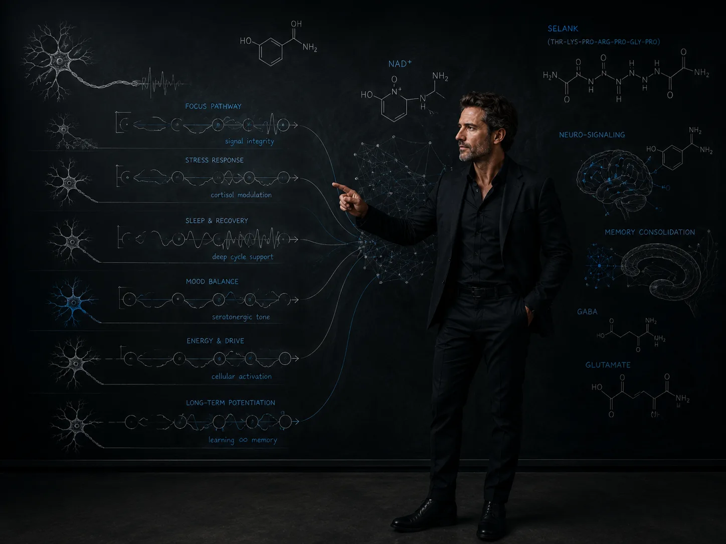Man in a dark suit standing before a chalkboard diagram of neurons, cognitive function, and neurotransmitter pathways, representing focus and mental clarity