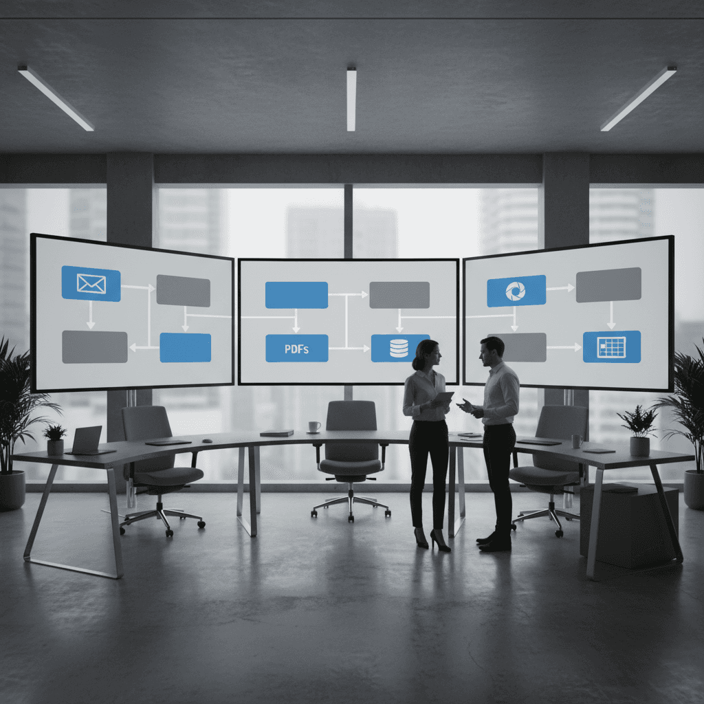 Team reviewing a high-level architecture diagram for a digital content workflow