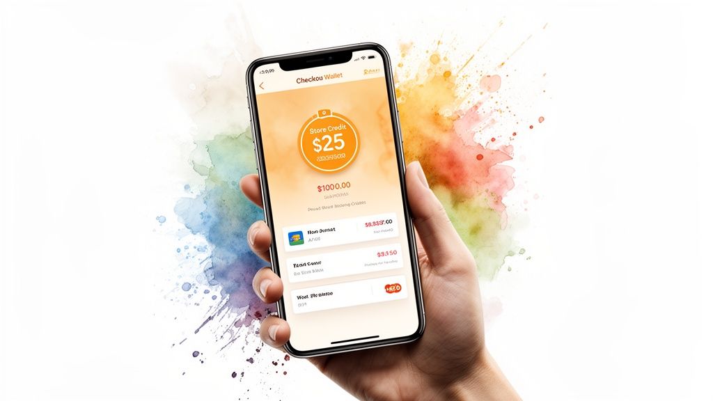 A hand holds a smartphone displaying a digital wallet app with store credit and colorful watercolor background.