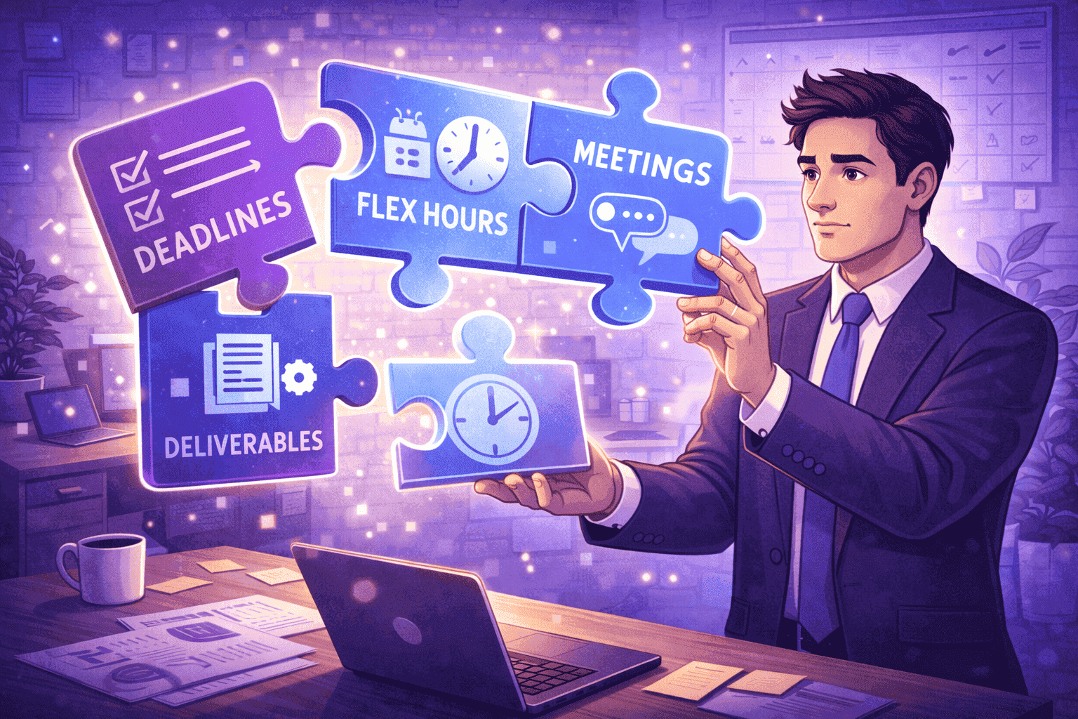 Leader thoughtfully aligning flexible work hours, meetings, deadlines, and deliverables to create a balanced and productive workflow