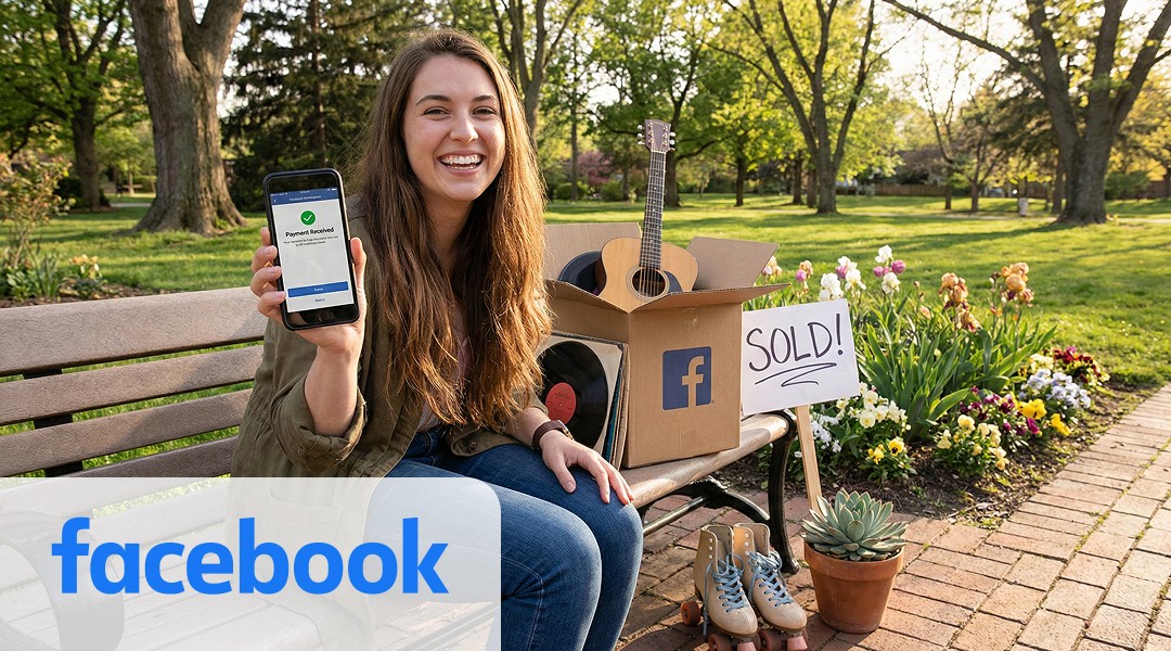 Woman at a garage sale holding a phone with a payment screen next to sold vintage items in a Facebook box